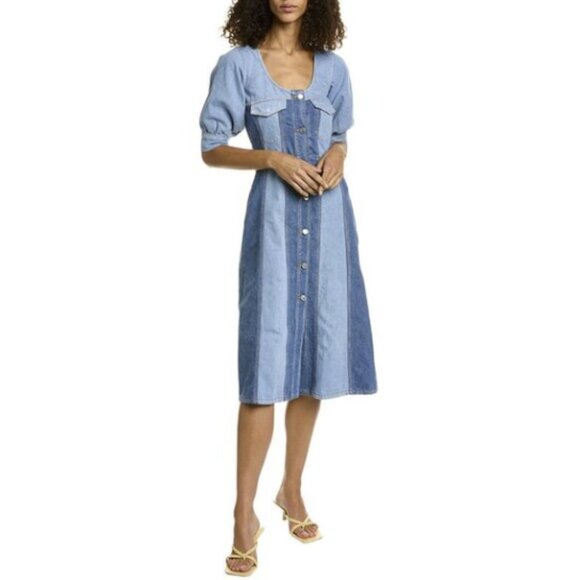 GANNI Cutline Bleach Two-Tone Blue Denim Organic Cotton Midi Dress EU 38 US6 - Picture 1 of 16